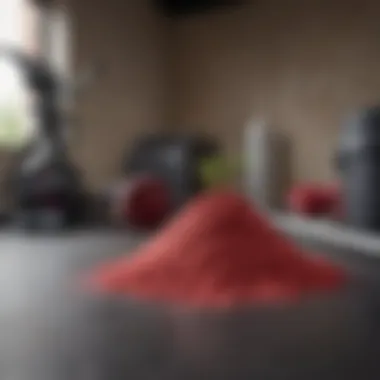 Beetroot powder displayed alongside gym equipment, symbolizing its use in workouts