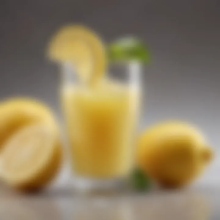 Close-up of lemon juice in a glass with fresh fruits