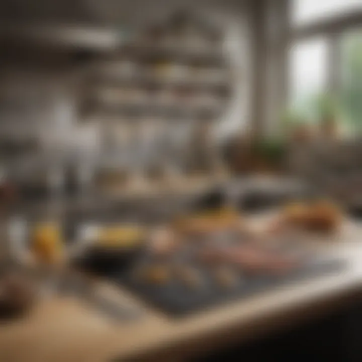 Close-up of a well-organized kitchen workspace featuring mats