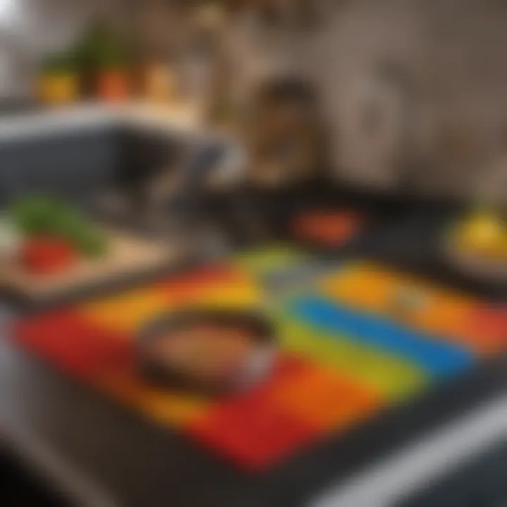 Colorful silicone mats arranged on a kitchen countertop