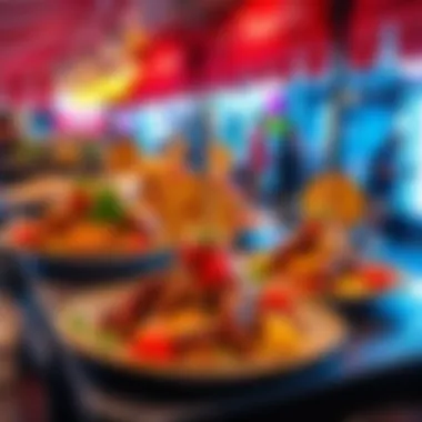 An artistic arrangement of international street food on vibrant plates