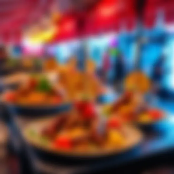 An artistic arrangement of international street food on vibrant plates