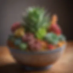 A variety of colorful succulents arranged in a decorative pot