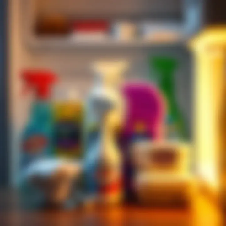 Cleaning Supplies for Odor Removal Cleaning supplies arranged for maintaining a refrigerator freezer