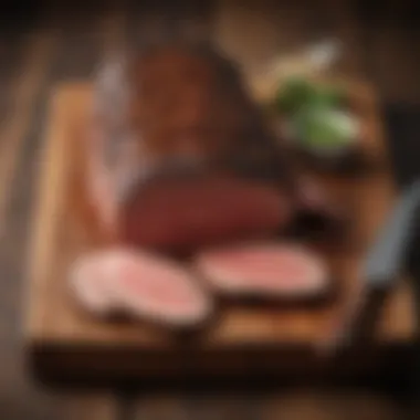 A selection of beef brisket cuts arranged on a wooden board