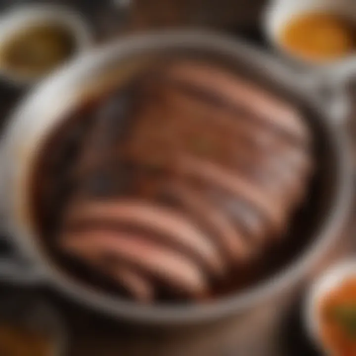 Brisket being marinated with spices and seasonings in a bowl