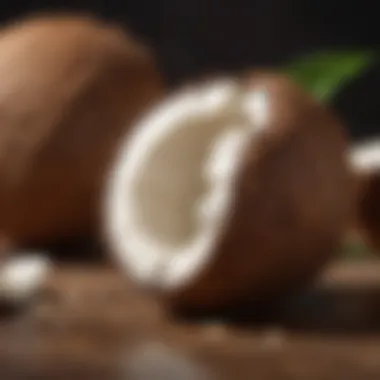 Coconut with water and flesh displayed