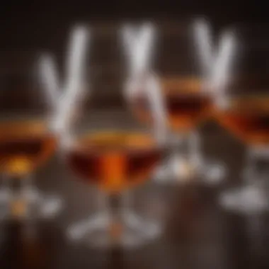 A close-up of cognac glasses showcasing the rich amber color of Hennessy