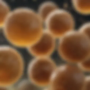 Microscopic view of yeast cells in action during fermentation.