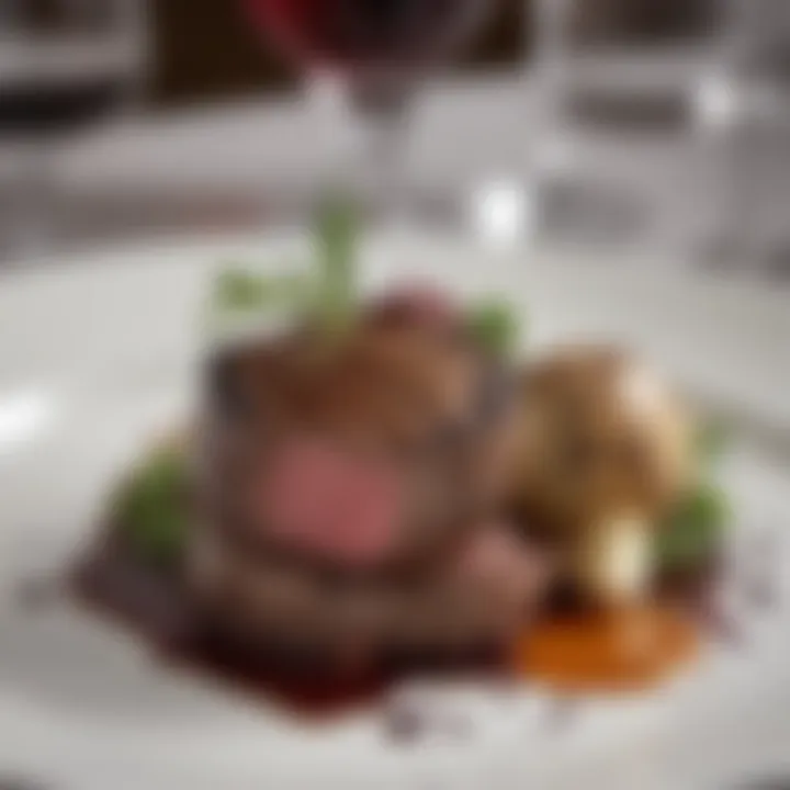 A wine glass paired with filet mignon dinner