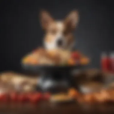 An illustration showing a balanced dog diet with various food groups