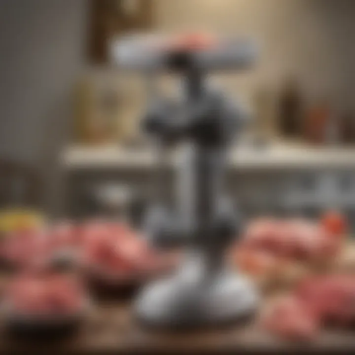 Image showcasing a fully assembled hand crank meat grinder, emphasizing its construction and components