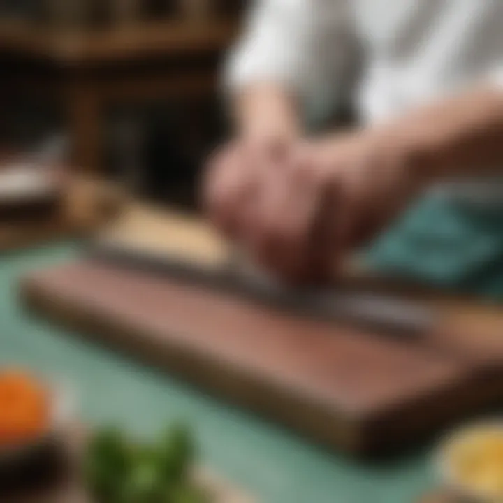 A craftsman meticulously sharpening a Japanese knife using a whetstone