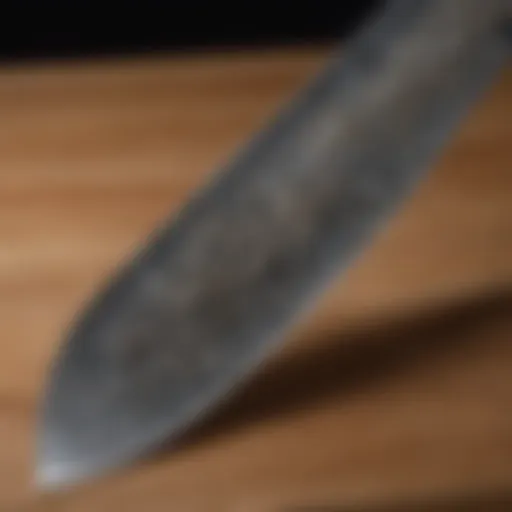 A close-up view of a traditional Japanese kitchen knife showcasing the intricate blade design