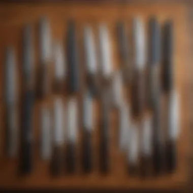 An array of various types of Japanese kitchen knives displayed on a wooden surface