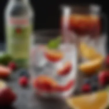 A close-up of sparkling water with fruit garnishes