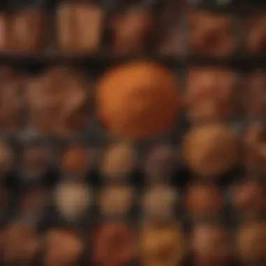 A beautifully arranged spice rack featuring various containers of ground cinnamon