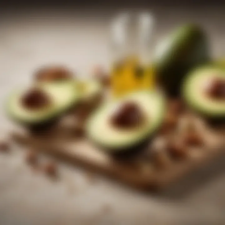 A visually appealing display of healthy fats such as avocados, nuts, and olive oil.