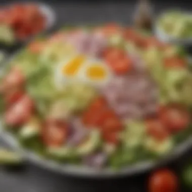 Fresh Ingredients of Cobb Salad A vibrant display of fresh Cobb salad ingredients including lettuce, tomatoes, and avocados.