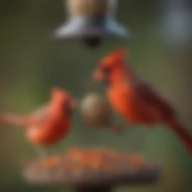 Close-up of a cardinal feeding on seeds from a bird feeder.