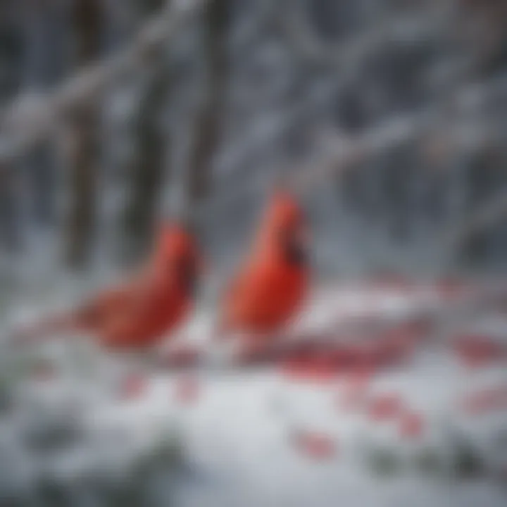 A winter scene with cardinals foraging for berries in the snow.