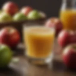 Freshly pressed apple juice in a glass with apples in the background