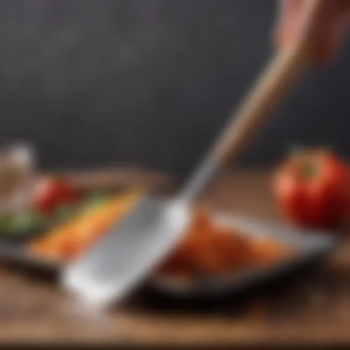 A metal spatula with a silicone edge in action during food flipping.