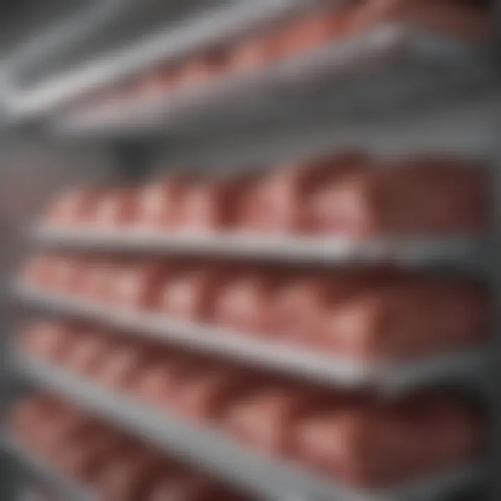 A variety of frozen meats stored in a freezer