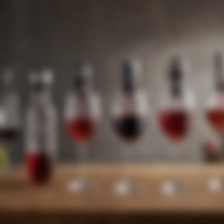 Different types of wine aerators displayed on a wooden table