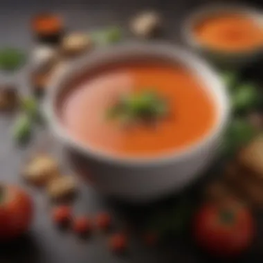 A close-up of tomato soup blended with spices and herbs, highlighting flavor enhancement.