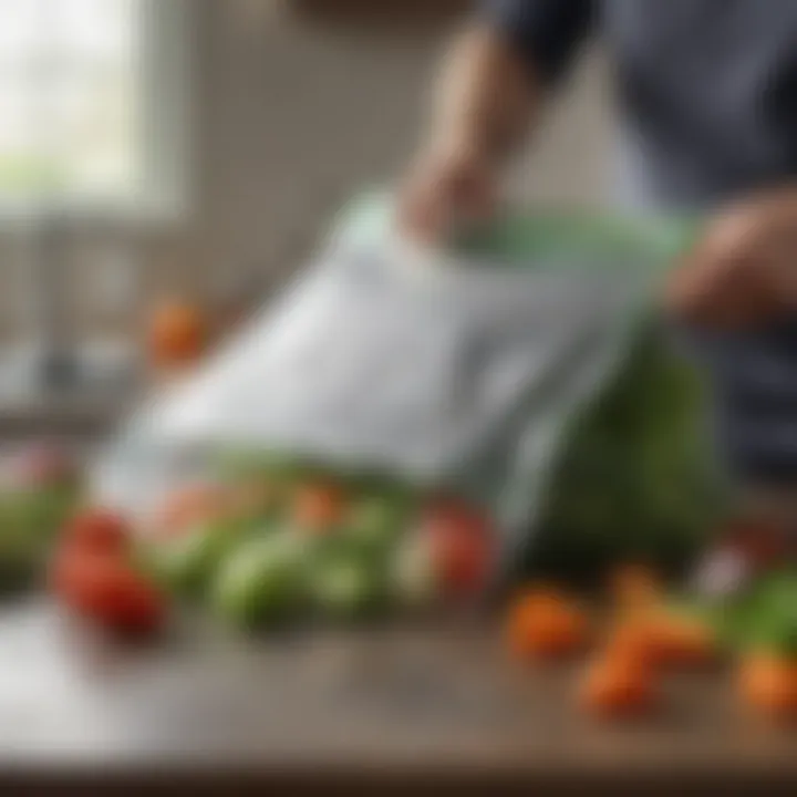 Close-up of a vacuum sealer in action, sealing a bag of fresh vegetables.