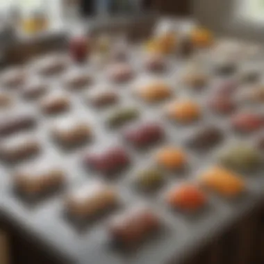 An array of vacuum-sealed bags displayed on a kitchen countertop, highlighting various food types.