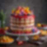 Colorful vegan birthday cake adorned with fresh fruits and edible flowers