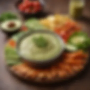 Avocado Dip Accompanied by Crisp Vegetables Creamy avocado dip served with vegetable sticks