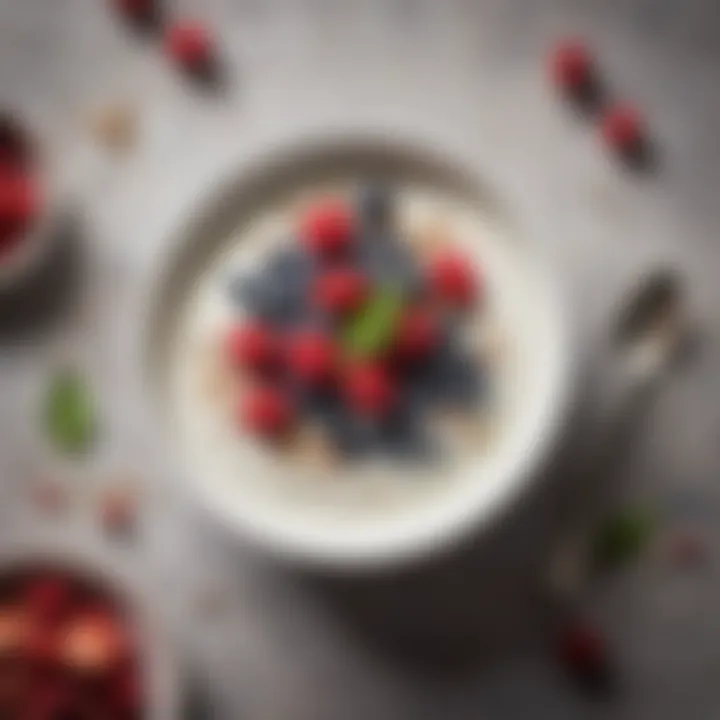 Bowl of Greek yogurt topped with berries and seeds