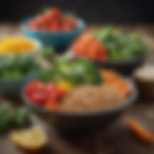 Colorful bowls of fresh vegetables and grains