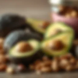 Assorted avocados and nuts reflecting healthy fats