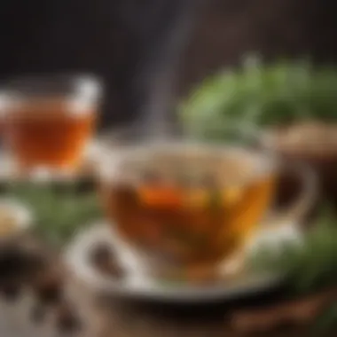 A steaming cup of herbal tea surrounded by fresh herbs and spices