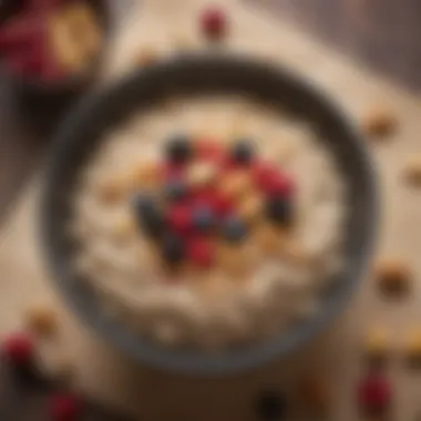 A close-up of a bowl filled with high-fiber oatmeal topped with nuts and berries