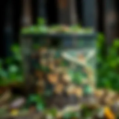 A layered compost bin showcasing diverse organic materials like leaves, grass, and food waste.