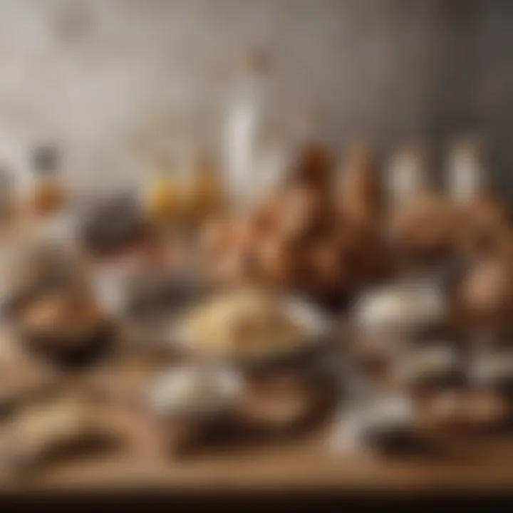 A selection of baking supplies neatly arranged on a wooden table