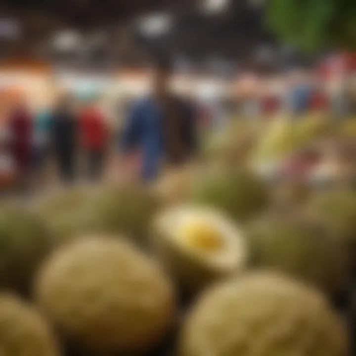 Fresh durian displayed at a bustling market