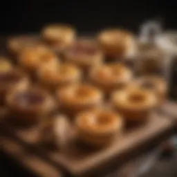 An assortment of artisanal pork pies displayed elegantly on a wooden board