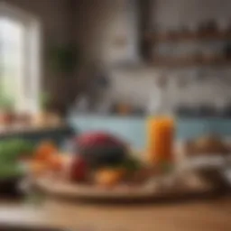 A serene kitchen setting with fresh ingredients and yoga props
