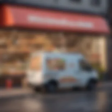 A modern delivery vehicle parked in front of a vibrant storefront filled with dairy products.